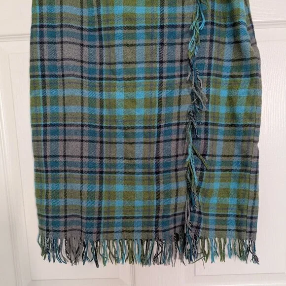 J Jill Plaid Fringe Skirt Womens Petite Size 12 Green Wool Blend Lined Faux Wrap - Picture 4 of 10